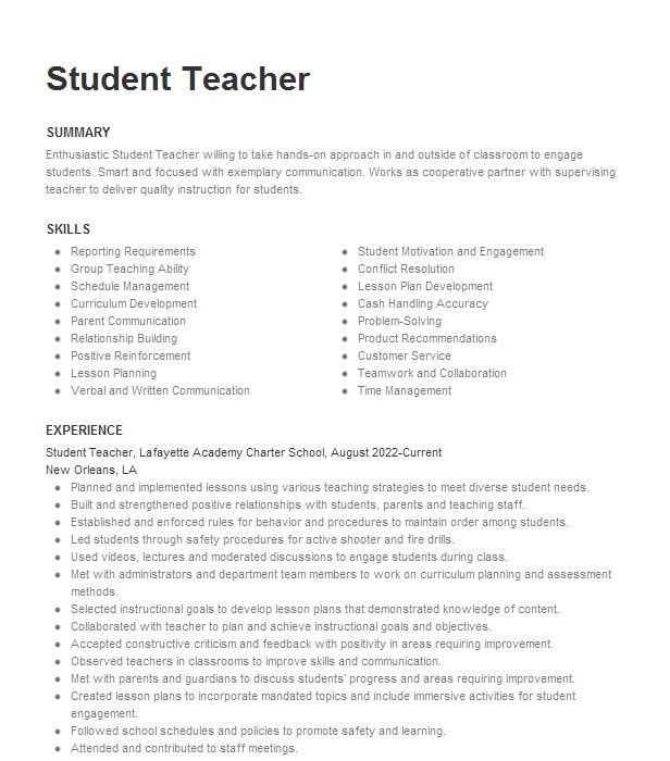 Student Teacher Resume Example