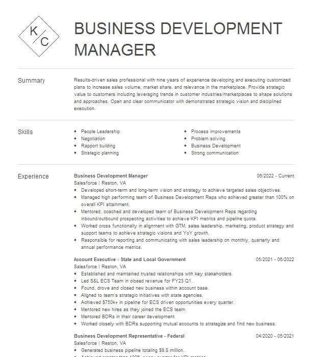 Business Development Manager Resume Objective