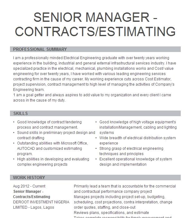 Senior Manager Contracts Estimating Resume Example