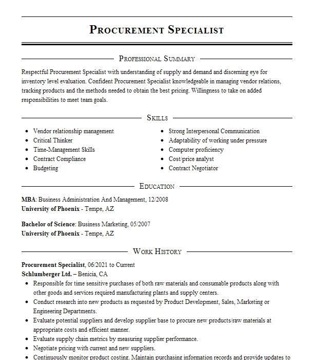 Procurement Specialist Resume Example