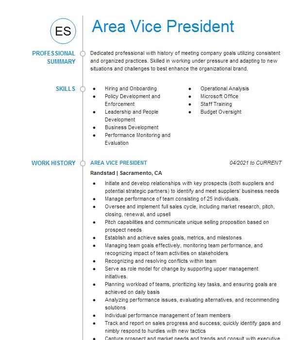 Area Vice President Resume Example