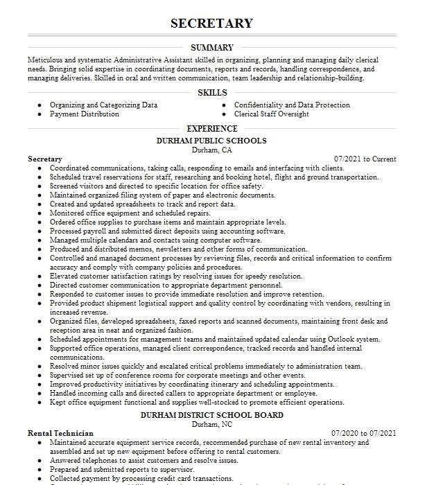 Secretary Resume Example