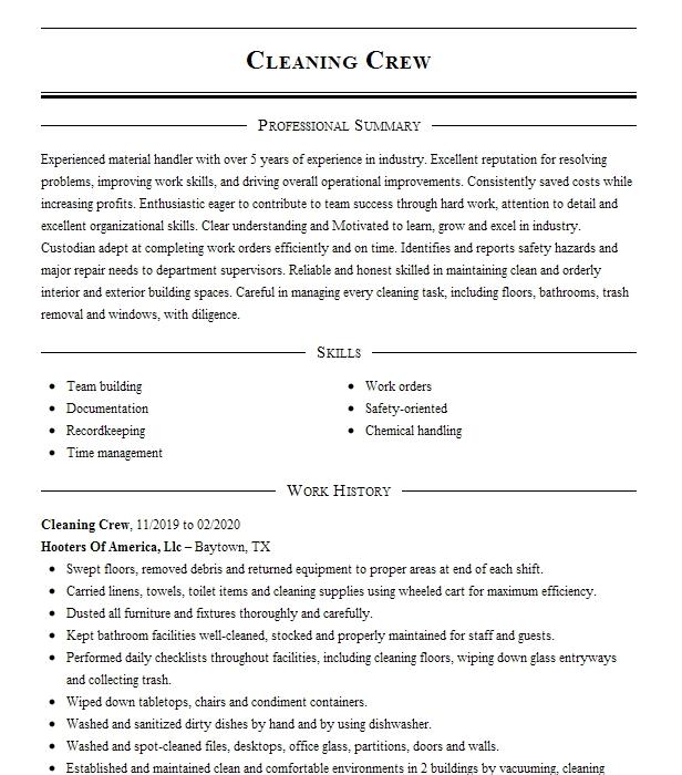 Cleaning Crew Resume Example