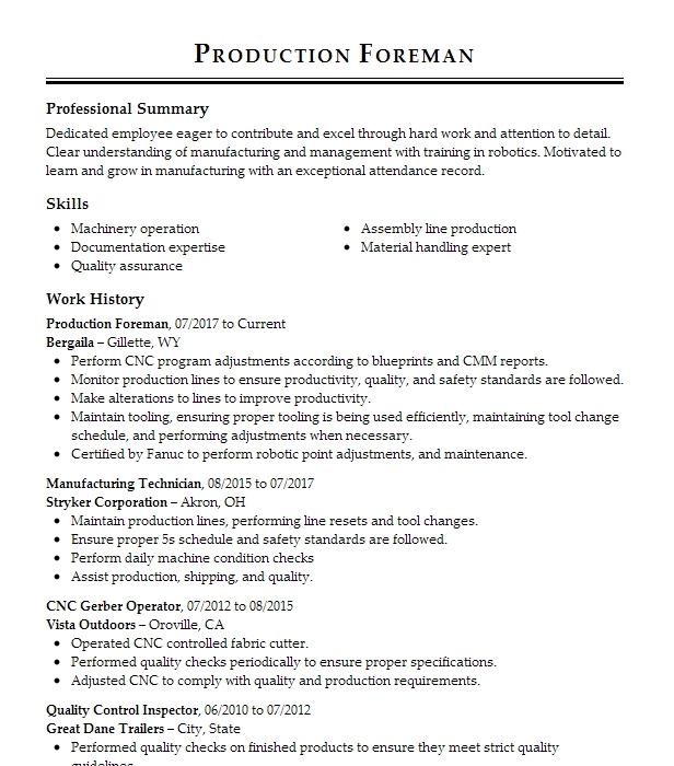 Production Foreman Resume Example