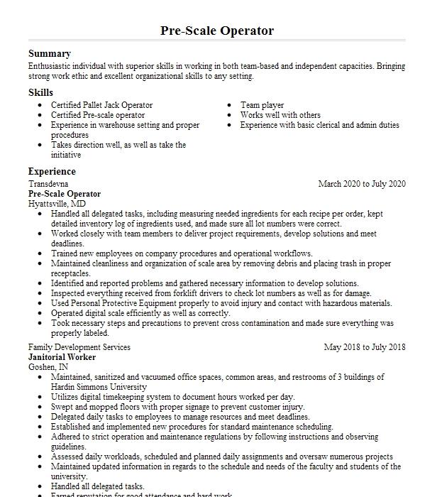 Seasonal Scale Operator Resume Example