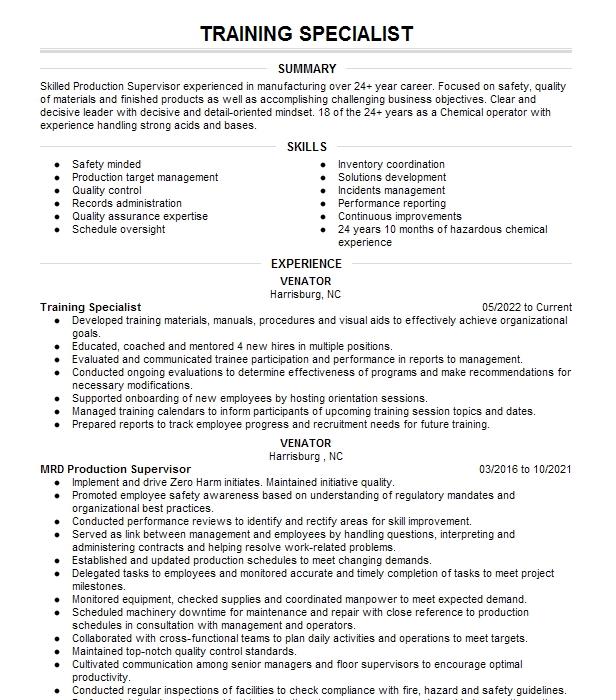 Training Specialist Resume Example