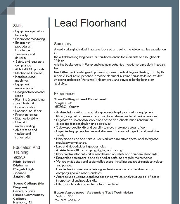 Lead Floorhand Resume Example