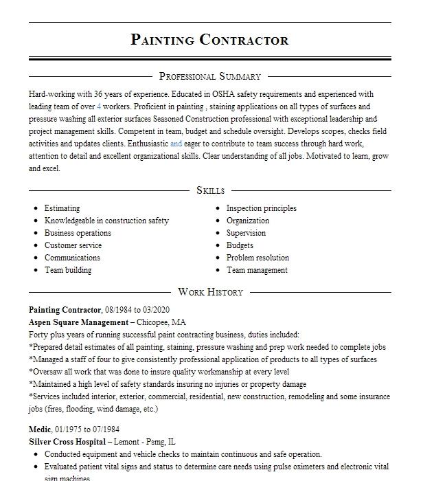 Painting Contractor Resume Example