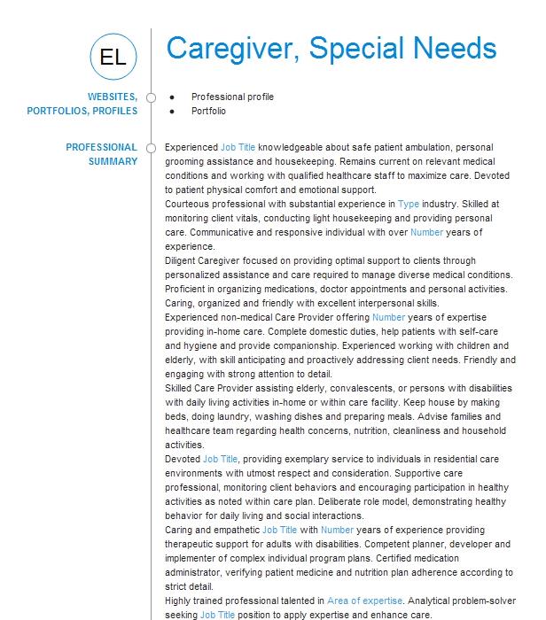 Caregiver, Special Needs Resume Example