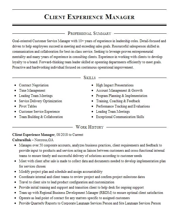 Client Experience Manager Resume Example