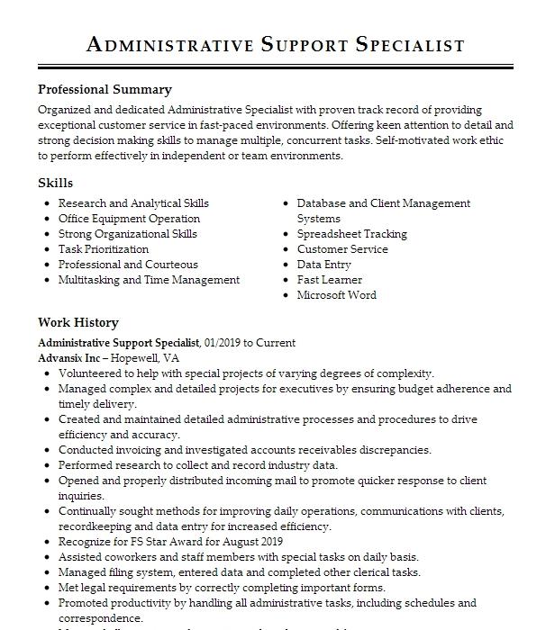 Administrative Support Specialist Resume Example