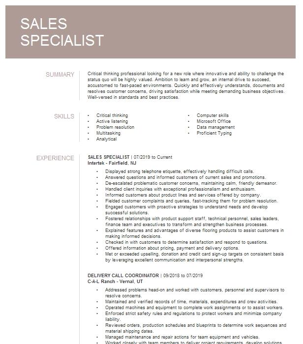 Sales Specialist Resume Example