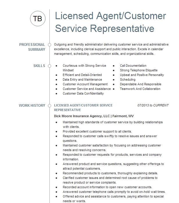 Licensed Agent Customer Service Representative Resume Example