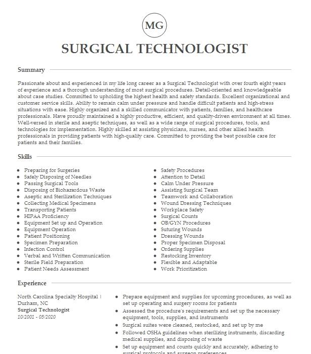 Surgical Technologist Resume Example