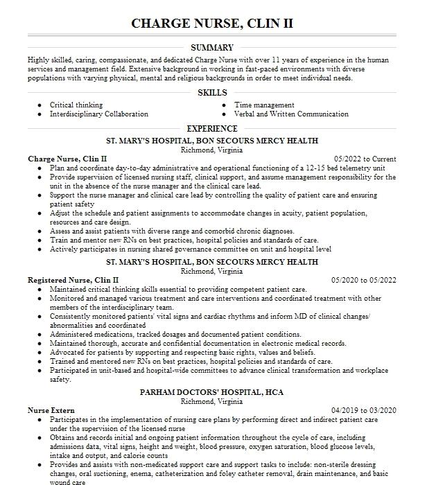 Clinical Nurse Ii Charge Nurse Resume Example