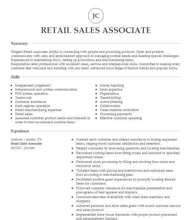 Retail Sales Associate Resume Example