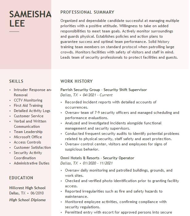 security-shift-supervisor-resume-example