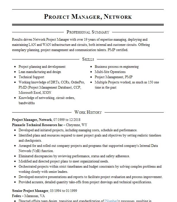 Network Project Manager Resume Example