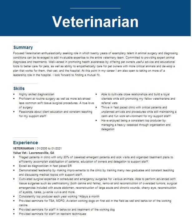 Veterinarian Resume Example