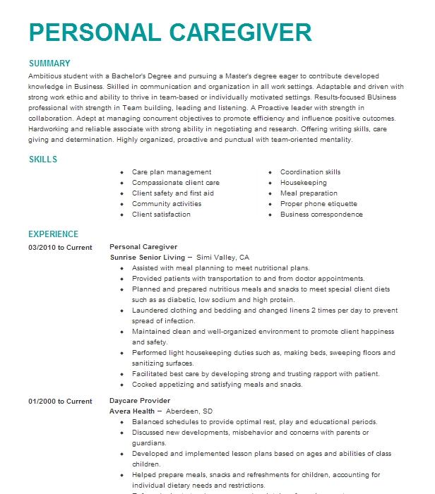 Personal Caregiver Resume Example