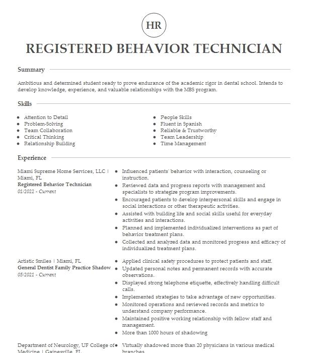 Registered Behavior Technician Resume Example