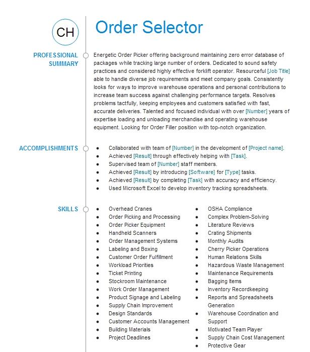 Order Selector Resume Example