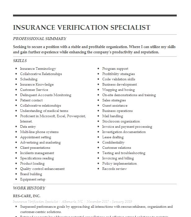 Insurance Verification Specialist Resume Example