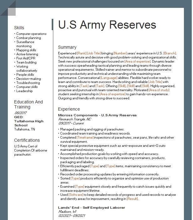 Us Army Reserves Resume Example