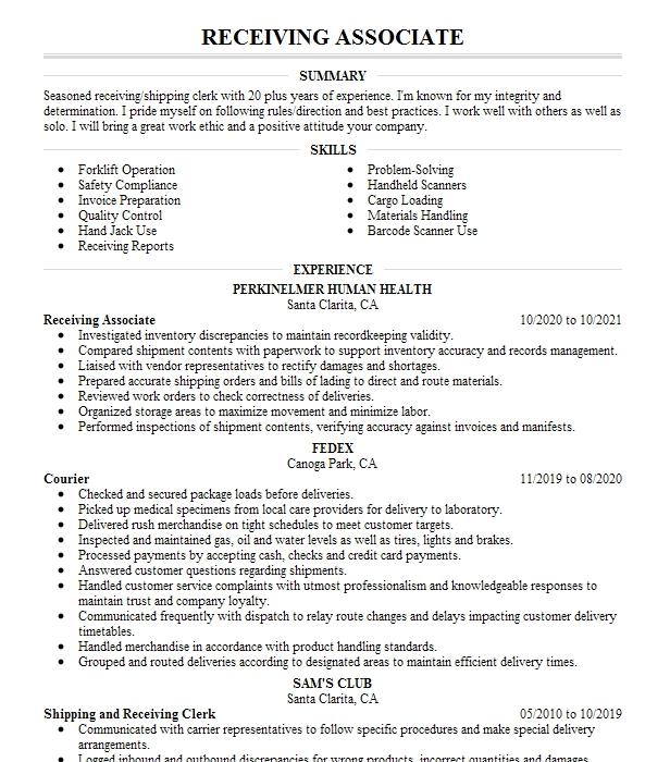 Receiving Associate Resume Example