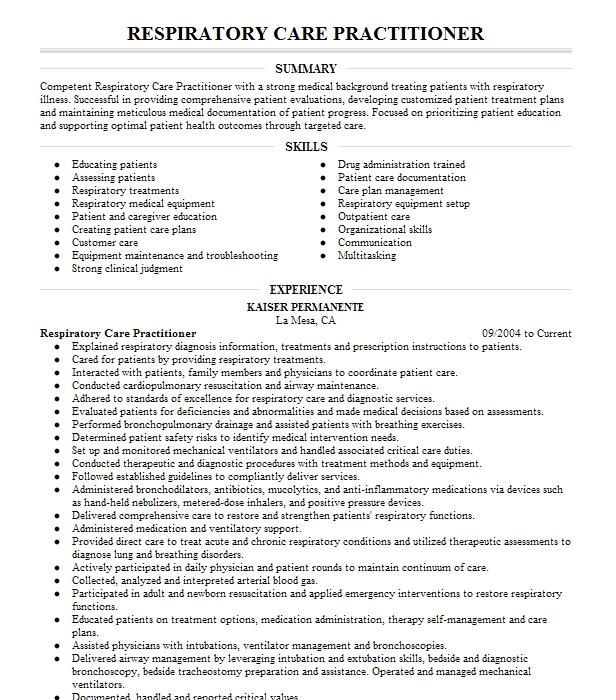 Respiratory Care Practitioner Resume Example