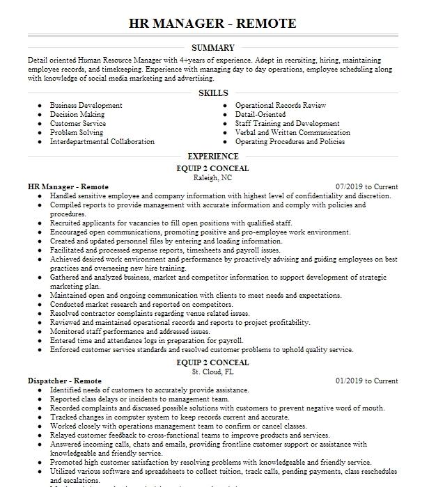 Hr Manager Remote Resume Example