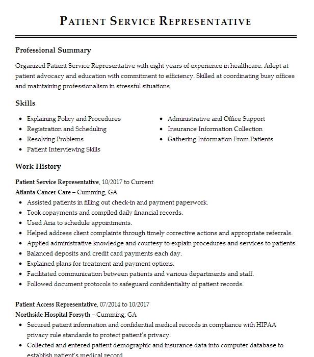 Patient Service Representative Resume Example