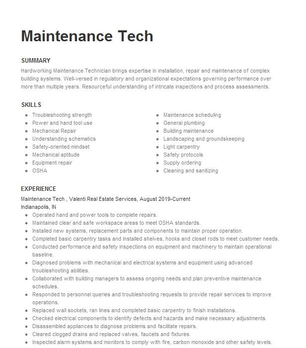 Maintenance Tech Resume Example 2940