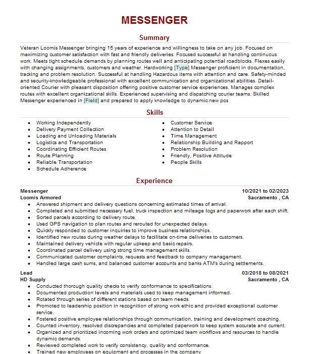 Messenger Resume Example