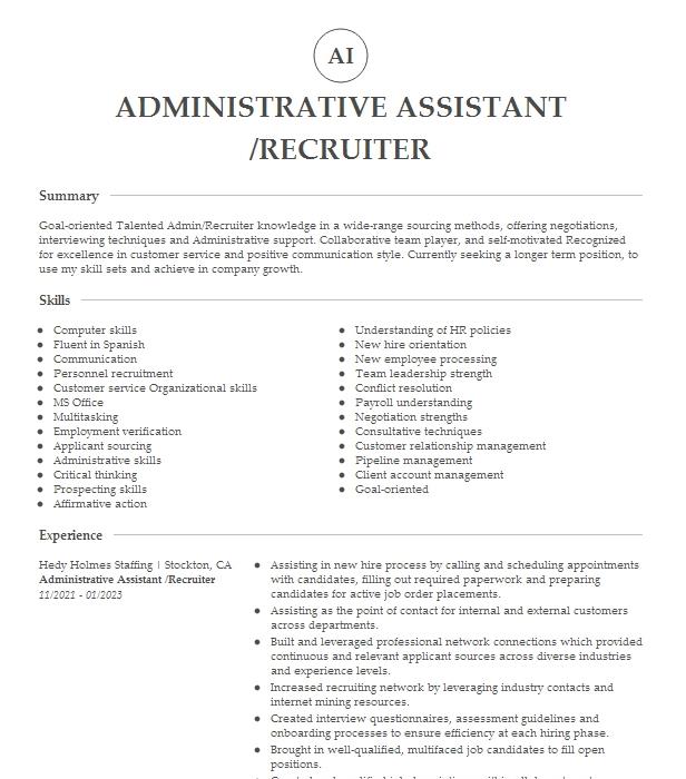 Recruiter Administrative Assistant Resume Example 3030