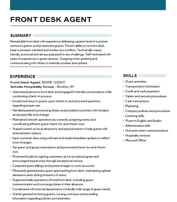 Front Desk Agent Resume Example