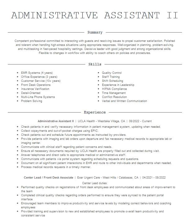 Administrative Assistant Ii Resume Example