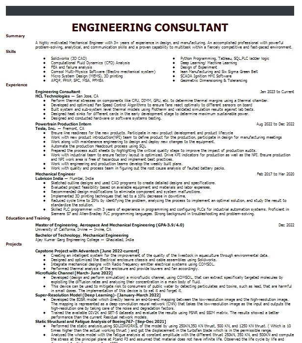 Engineering Consultant Resume Example