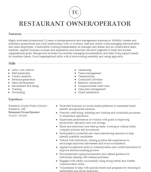 Restaurant Owner Operator Resume Example