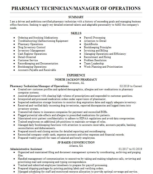 Pharmacy Operations Manager Senior Technician Resume Example