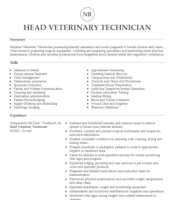 Head Veterinary Technician Resume Example