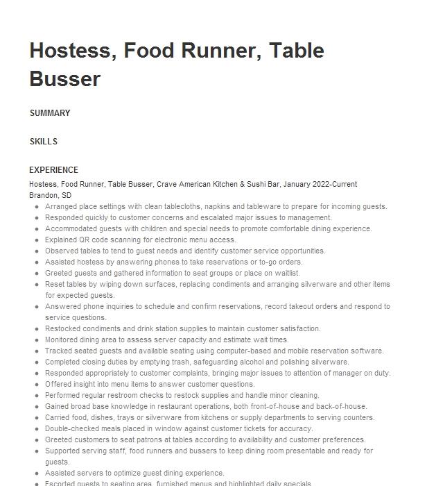 Hostess Busser Food Runner Resume Example 9462