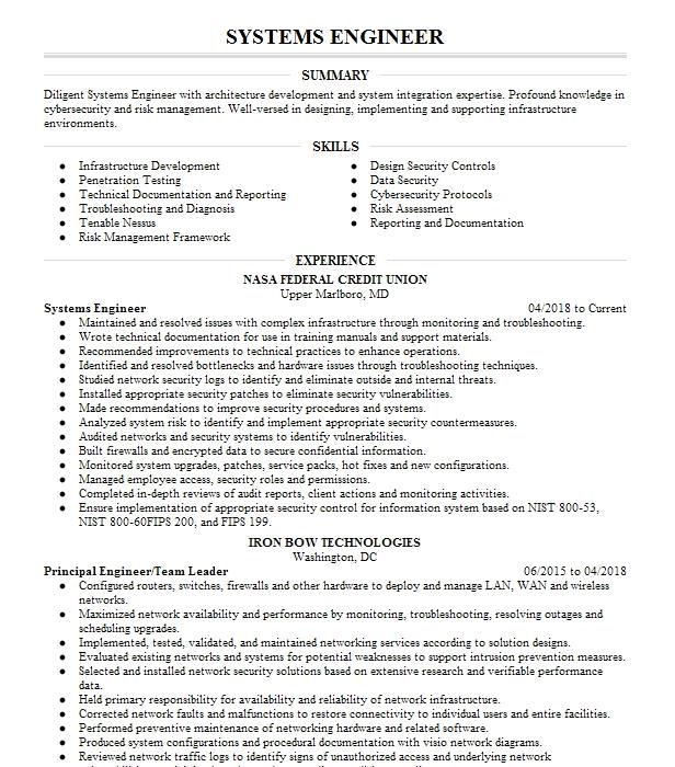 Systems Engineer Resume Example