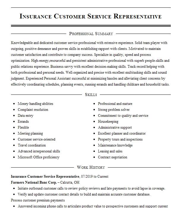 Insurance Customer Service Representative Resume Example