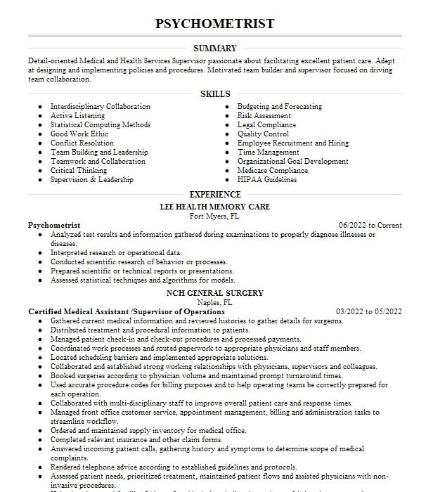 Psychometrist Resume Example