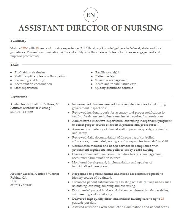 Assistant Director Of Nursing Resume Example