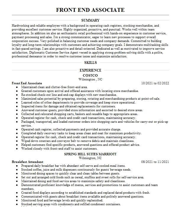 Front End Associate Resume Example