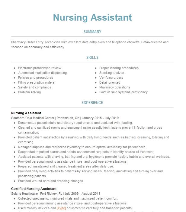 Nursing Assistant Resume Example