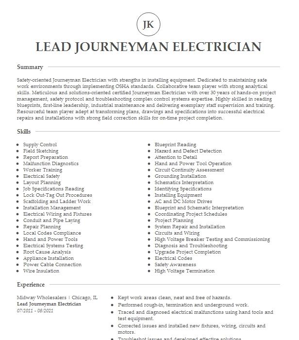 Lead Journeyman Electrician Resume Example