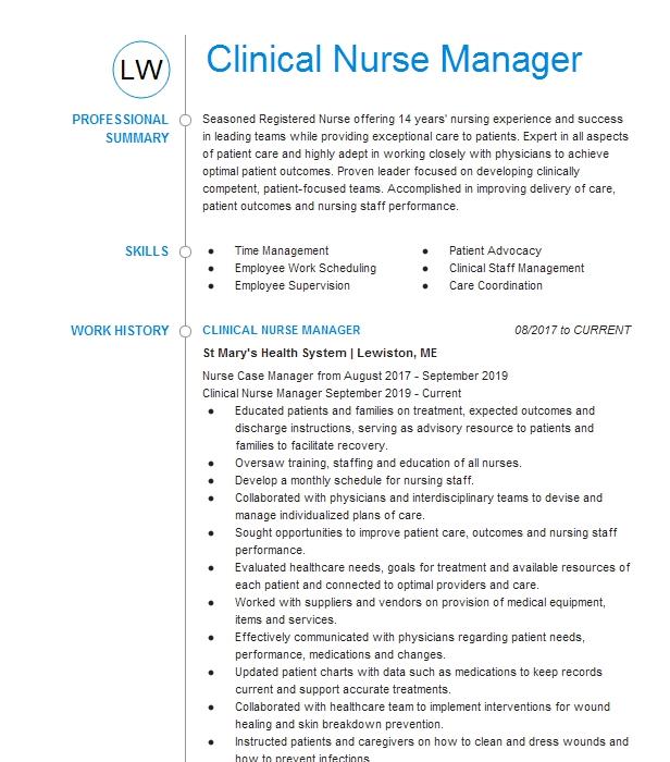 Clinical Nurse Manager Lvncht Resume Example